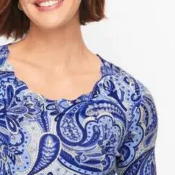 Talbots Blue White Paisley Scallop Neckline Crewneck Sweater Top - Picture 8 of 8